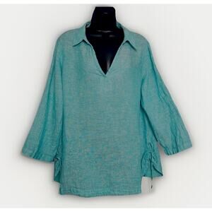 Isaac Mizrahi Large Tunic Turquoise Blue Linen 3/4 Sleeve Tie Hem V-Neck Shirt